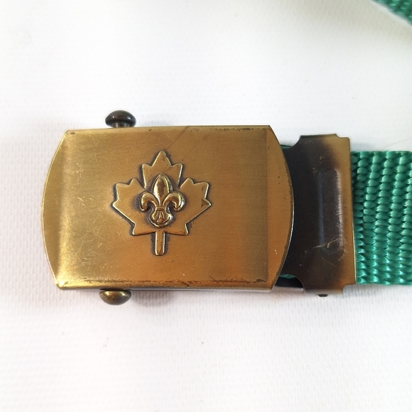 Vintage 90's Boy Scouts of Canada Brass Buckle Green Web Belt - Picture 2 of 8